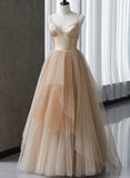 Champagne V-neckline Beaded Tulle Prom Dress, A-line Low Back Party Dress