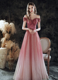 Off Shoulder Gradient Shiny Tulle Long Party Dress, A-line Prom Dress Graduation Dress