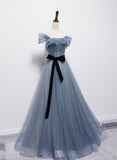 Blue Tulle Off Shoulder Long Prom Dress with Bow, A-line Floor Length Evening Dress