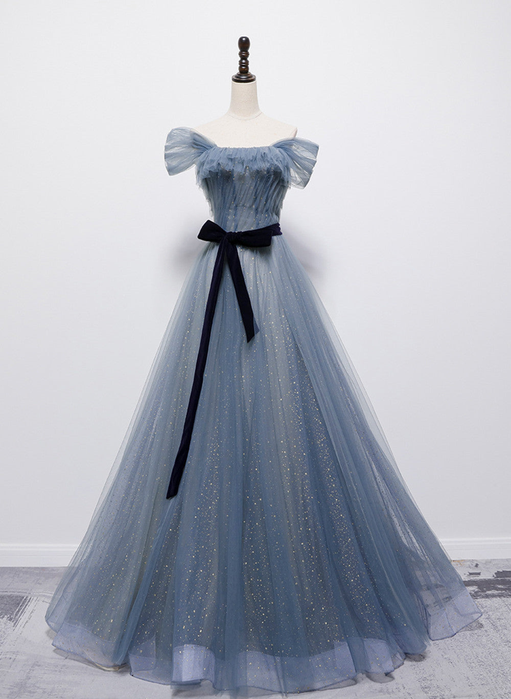 Blue Tulle Off Shoulder Long Prom Dress with Bow, A-line Floor Length Evening Dress