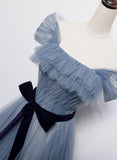 Blue Tulle Off Shoulder Long Prom Dress with Bow, A-line Floor Length Evening Dress