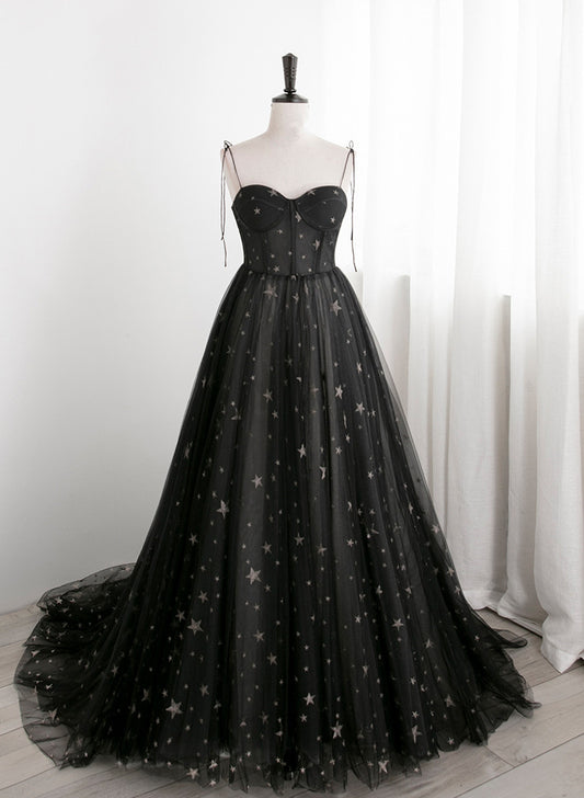 Charming Black Sweethart Tulle Straps A-line Long Formal Dress, Black Prom Dress