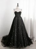 Charming Black Sweethart Tulle Straps A-line Long Formal Dress, Black Prom Dress