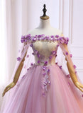 Pink Sweet 16 Tulle Formal Dress with Flowers, Pink Long Formal Dress