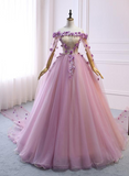 Pink Sweet 16 Tulle Formal Dress with Flowers, Pink Long Formal Dress