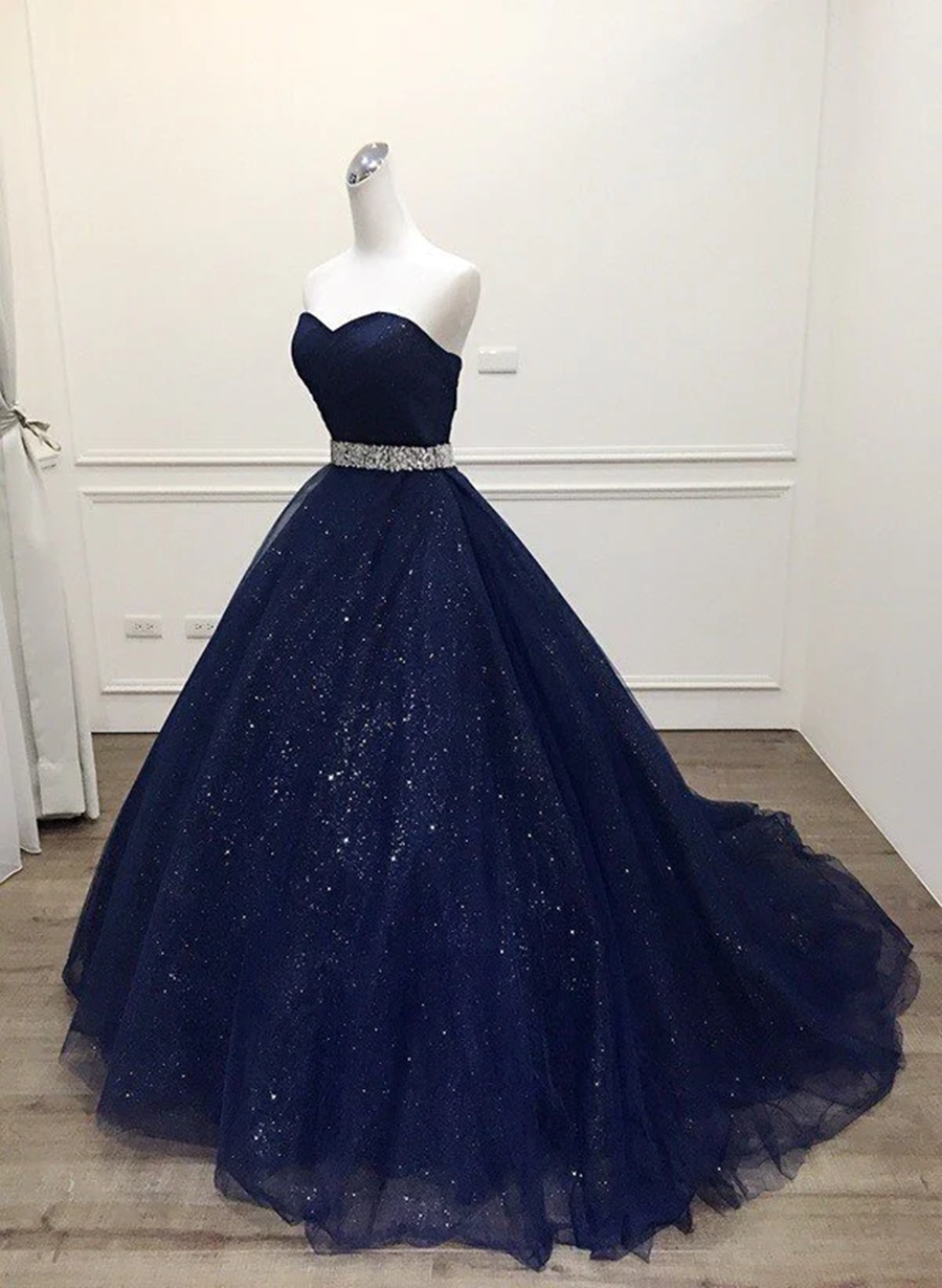 Navy Blue Tulle Beaded Ball Gown Sweet 16 Dress, Shiny Tulle Blue Prom Dress