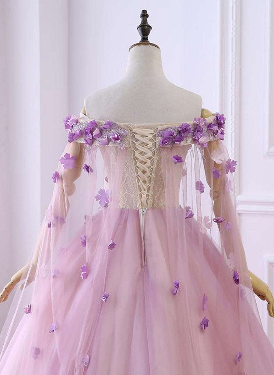 Pink Sweet 16 Tulle Formal Dress with Flowers, Pink Long Formal Dress