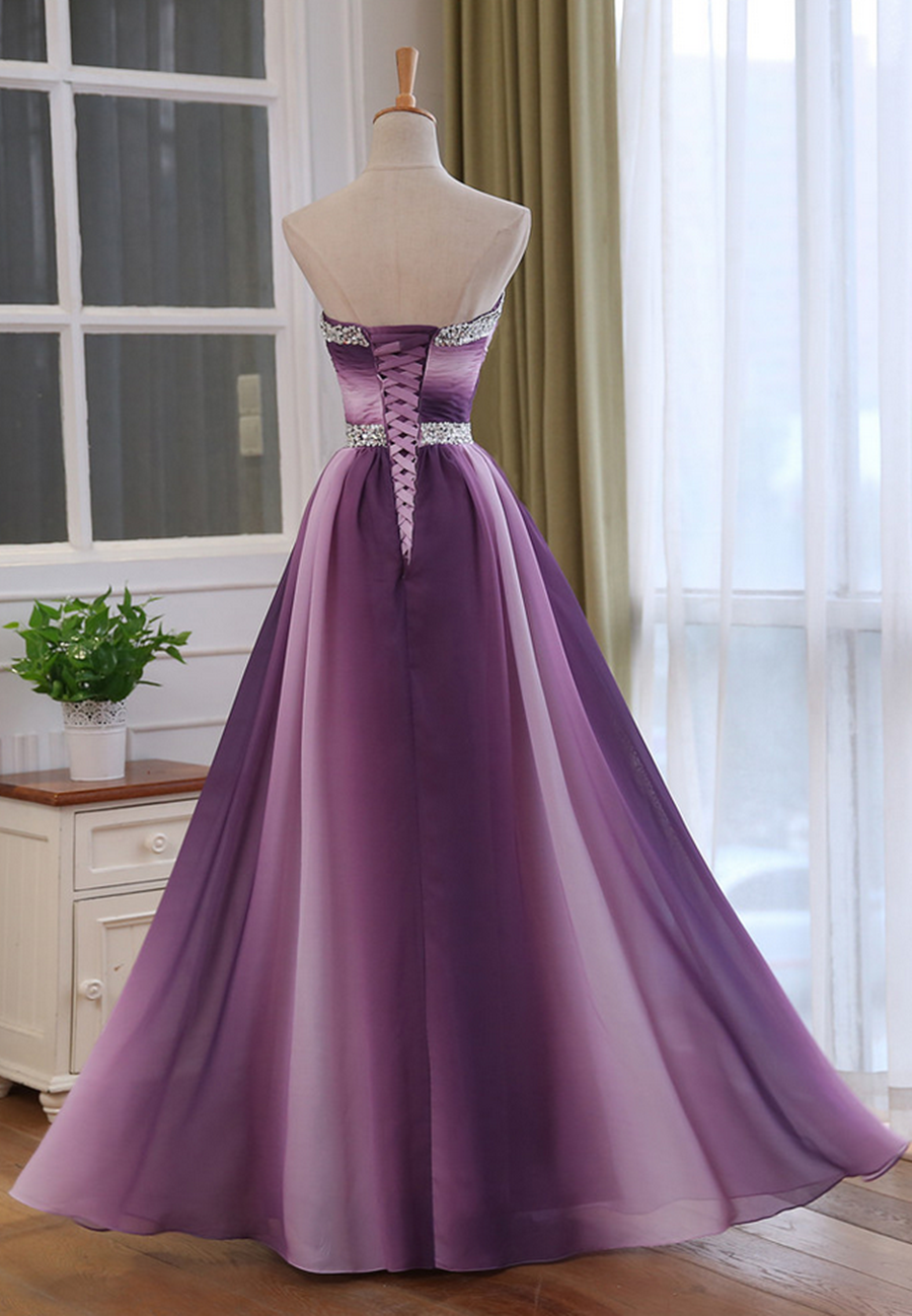 Chiffon Purple Gradient Beaded Sweetheart Prom Dress, A-line Chiffon Party Dress