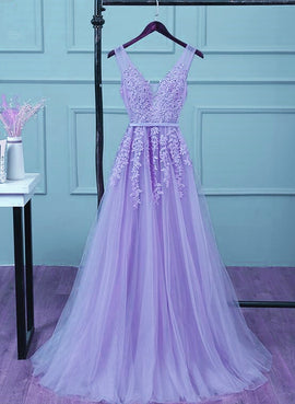 Light Purple Tull Long with Lace Applique Prom Dress, Light Purple Evening Dress