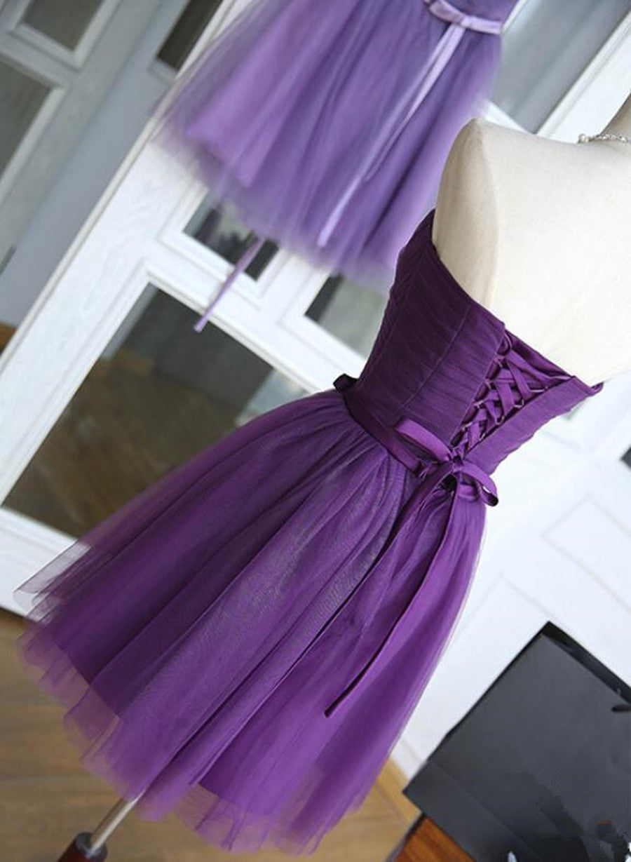 Purple Tulle Scoop Lace-up Short Homecoming Dress, Purple Tulle Short Prom Dress