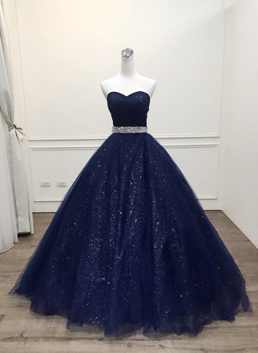 Navy Blue Tulle Beaded Ball Gown Sweet 16 Dress, Shiny Tulle Blue Prom Dress