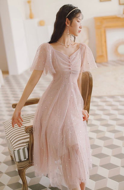 Pink Tulle V-neckline Tea Length Homecoming Dress, Cute Pink Short Prom Dress