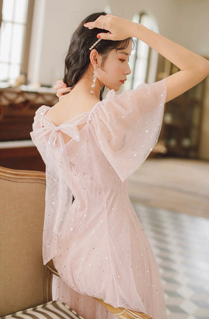 Pink Tulle A-line V Neck Sleeveless Open back Short Homecoming Dress PH351
