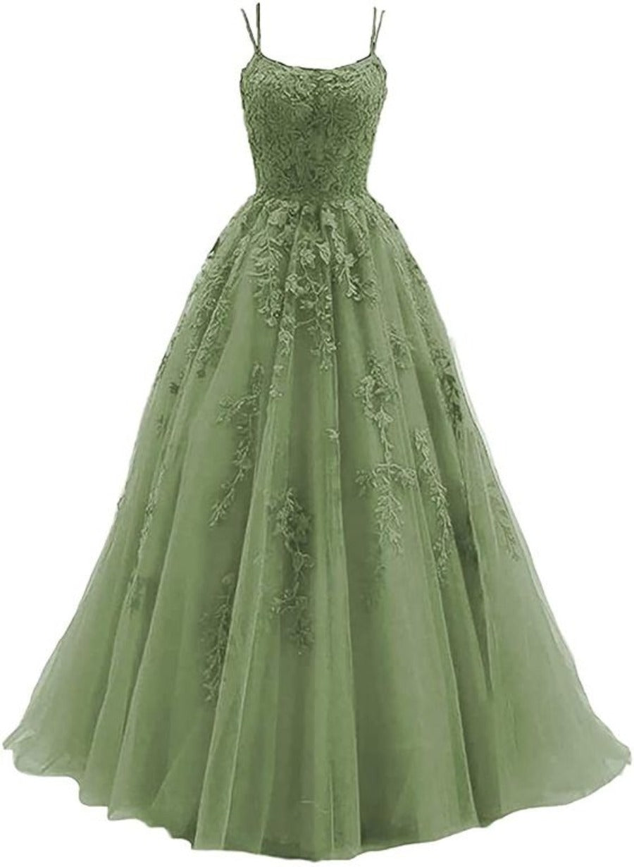 Light Green Straps Tulle Lace-up Long Party Dress, Green Evening Dress Prom Dress