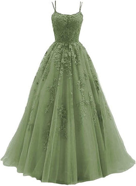 Light Green Straps Tulle Lace-up Long Party Dress, Green Evening Dress Prom Dress