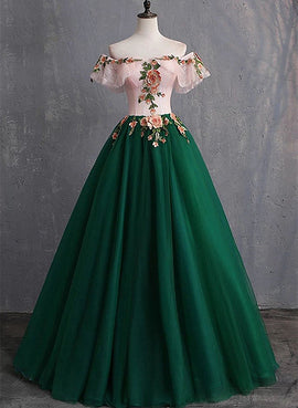 Green Tulle Off Shoulder with Flowers Long Sweet Dress, Green Long Prom Dress