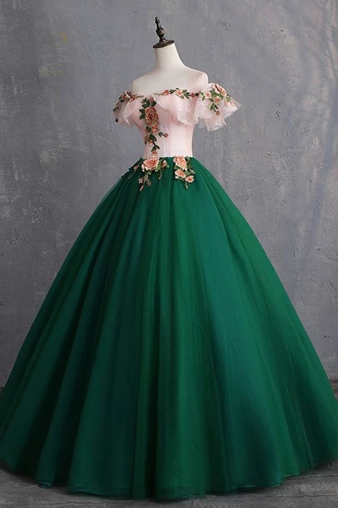 Green Tulle Off Shoulder with Flowers Long Sweet Dress, Green Long Prom Dress