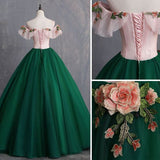 Green Tulle Off Shoulder with Flowers Long Sweet Dress, Green Long Prom Dress