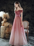 Off Shoulder Gradient Shiny Tulle Long Party Dress, A-line Prom Dress Graduation Dress