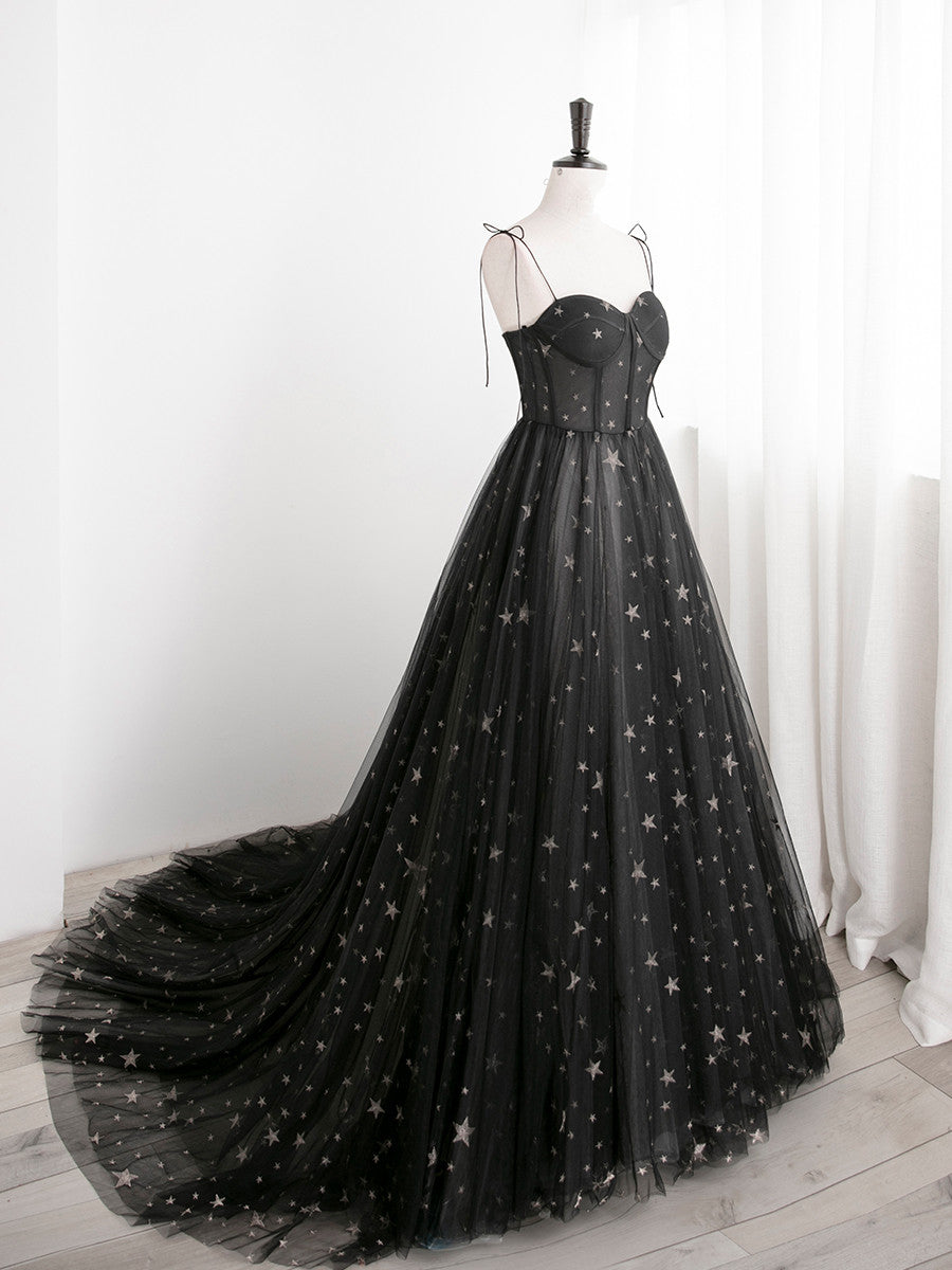 Charming Black Sweethart Tulle Straps A-line Long Formal Dress, Black Prom Dress