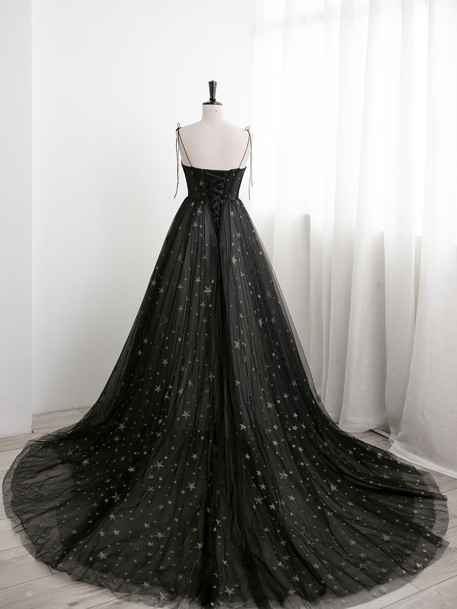 Charming Black Sweethart Tulle Straps A-line Long Formal Dress, Black Prom Dress