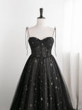 Charming Black Sweethart Tulle Straps A-line Long Formal Dress, Black Prom Dress