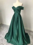 Simple Green Satin Long Off Shoulder Prom Dress, Off Shoulder Emerald Green Long Formal Evening Dress