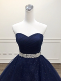 Navy Blue Tulle Beaded Ball Gown Sweet 16 Dress, Shiny Tulle Blue Prom Dress