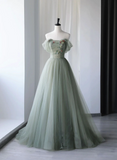 Light Green Tulle Long Party Dress, Green Tulle A-line Floor Length Prom Dress