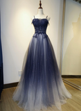 Blue Gradient A-line Tulle Long Formal Dress, Floor Length Prom Dress