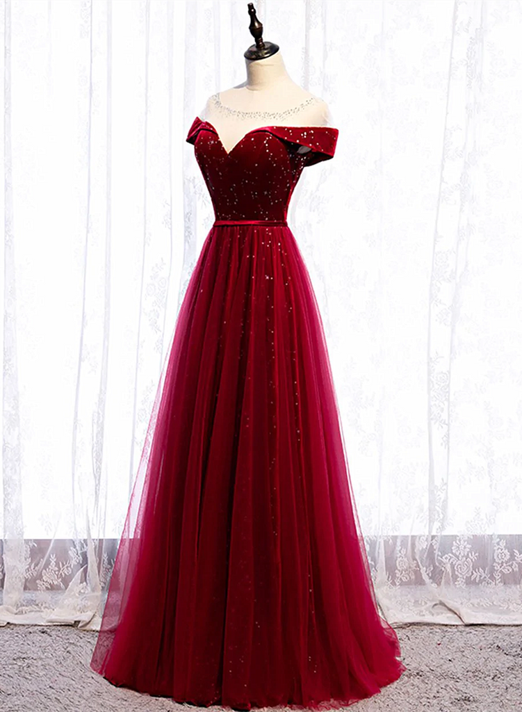 Wine Red Velvet Long Party Dress with Straps, Wine Red Floor Length Prom Dress