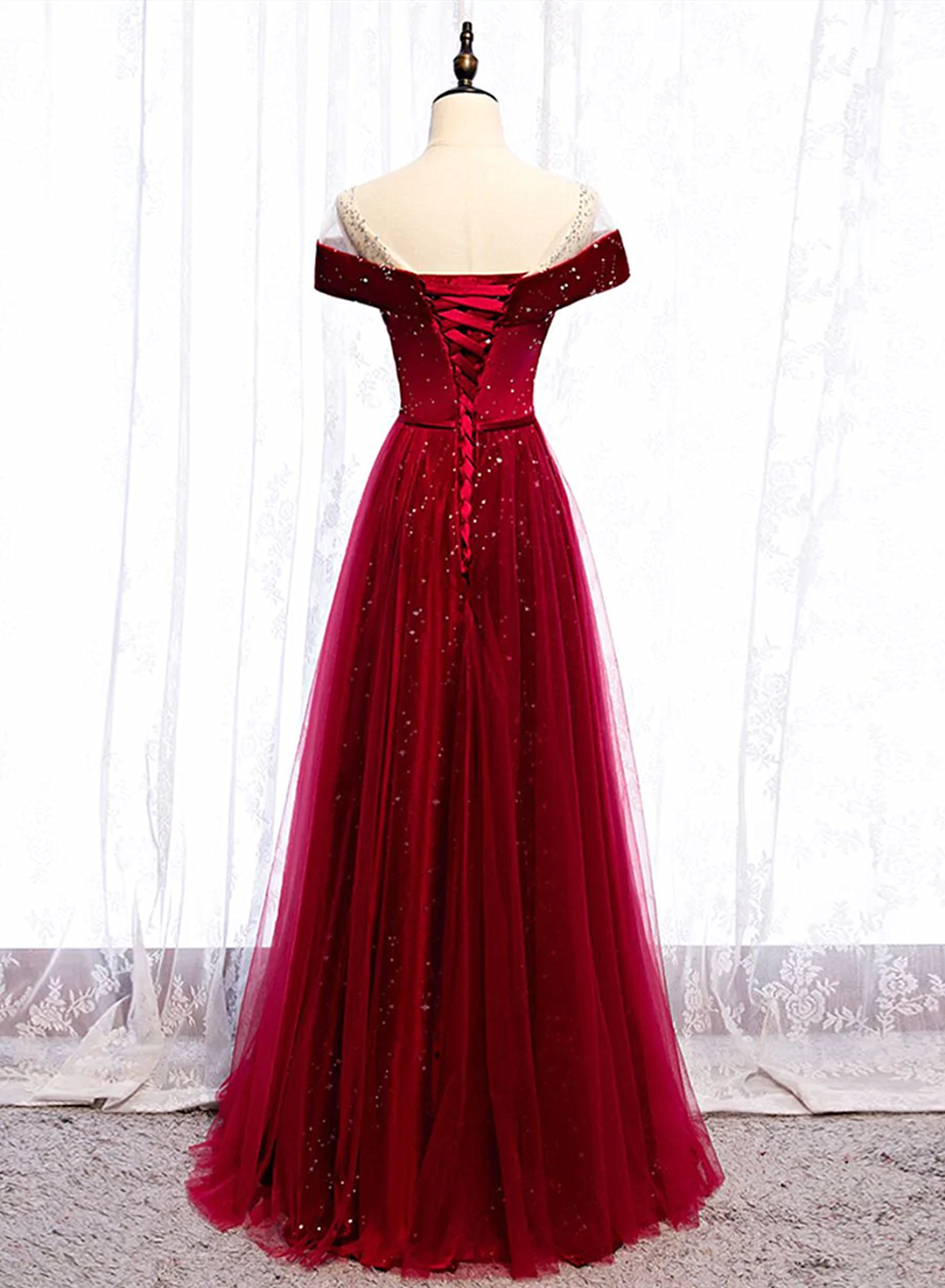 Wine Red Velvet and Tulle Long Prom Dress, A-line Wine Red Floor Length Prom Dress