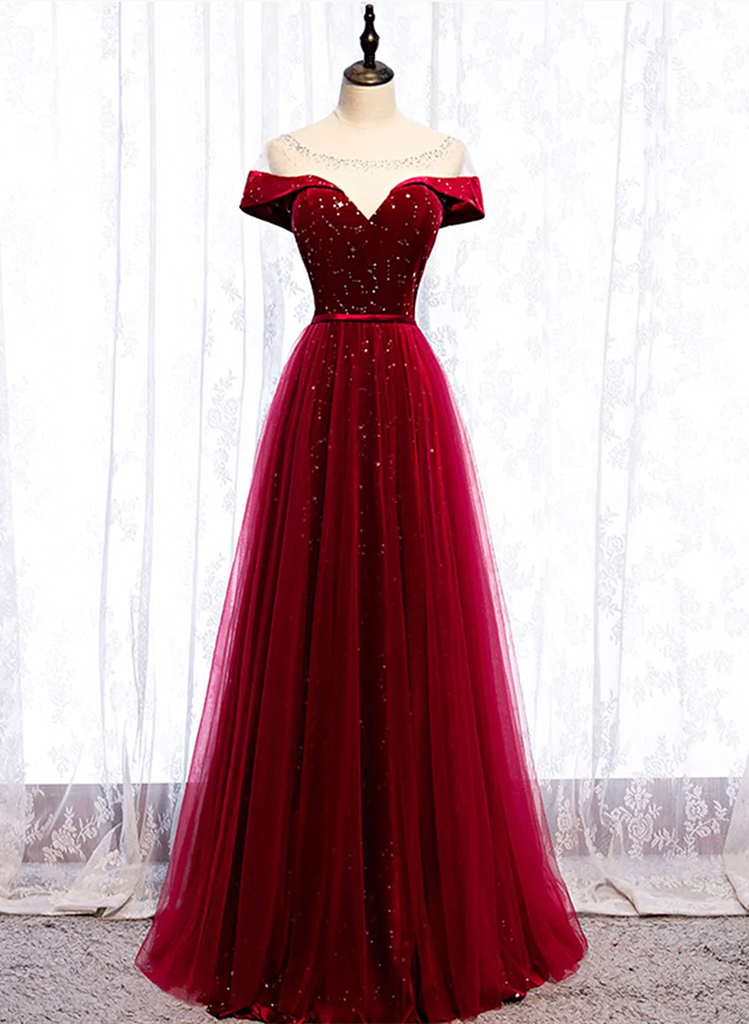 Wine Red Tulle Scoop Long Formal Dress, Wine Red Tulle Prom Dress Party Dress