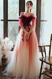 Red Velvet and Tulle Gradient Long Party Dress with Lace, A-line Red Prom Dress