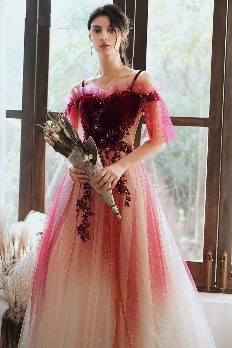 Red Velvet and Tulle Gradient Long Party Dress with Lace, A-line Red Prom Dress