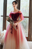 Red Velvet and Tulle Gradient Long Party Dress with Lace, A-line Red Prom Dress