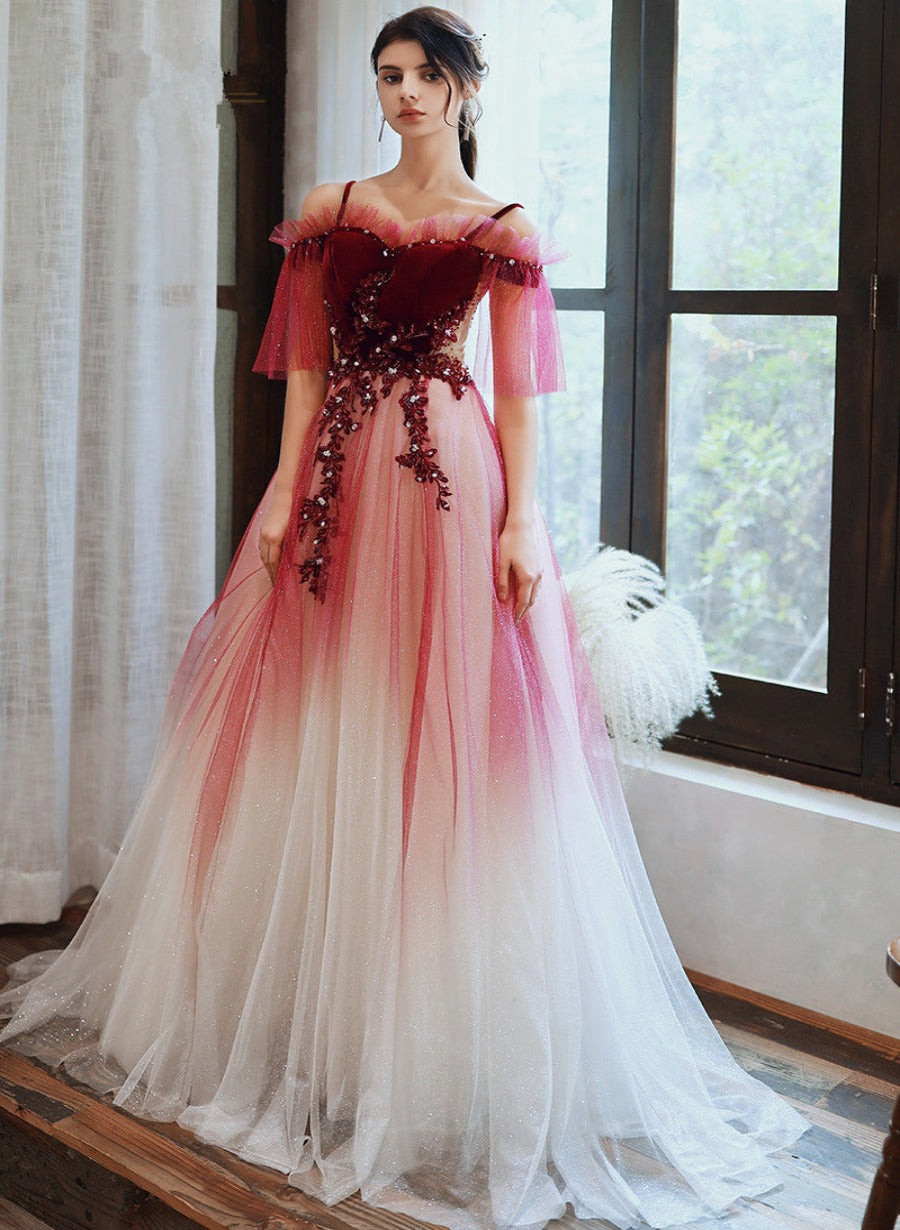 Red Velvet and Tulle Gradient Long Party Dress with Lace, A-line Red Prom Dress