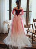 Red Velvet and Tulle Gradient Long Party Dress with Lace, A-line Red Prom Dress