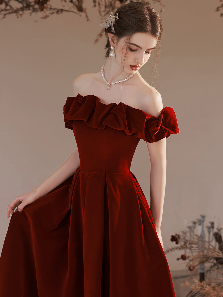 Off Shoulder Velvet Wine Red Long Evening Dresses Prom Dress, A-line Floor Length Party Dress