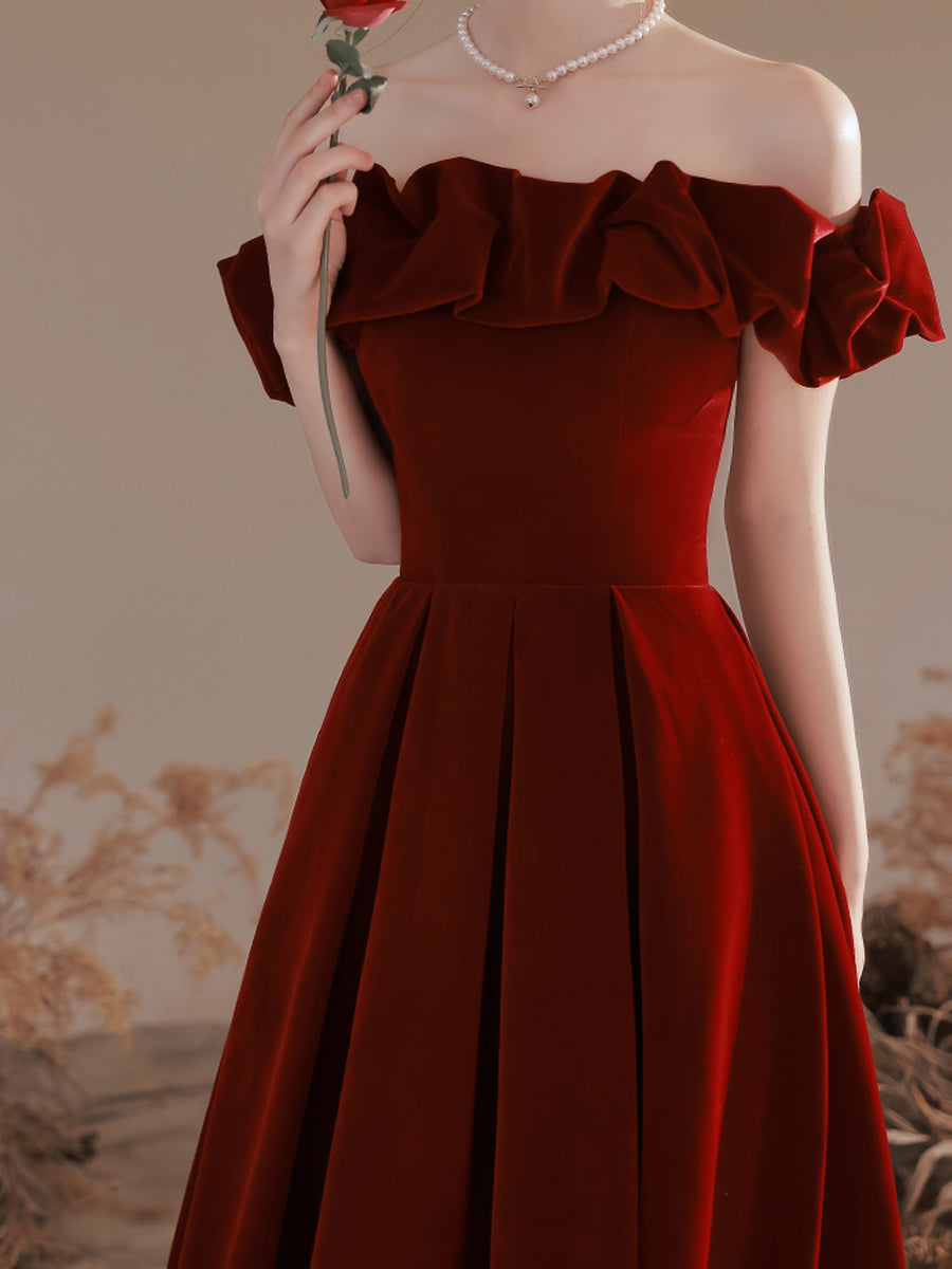 Off Shoulder Velvet Wine Red Long Evening Dresses Prom Dress, A-line Floor Length Party Dress