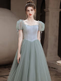 A-line Short Sleeves Tulle Beaded A-line New Prom Dress, Green Tulle Formal Dress