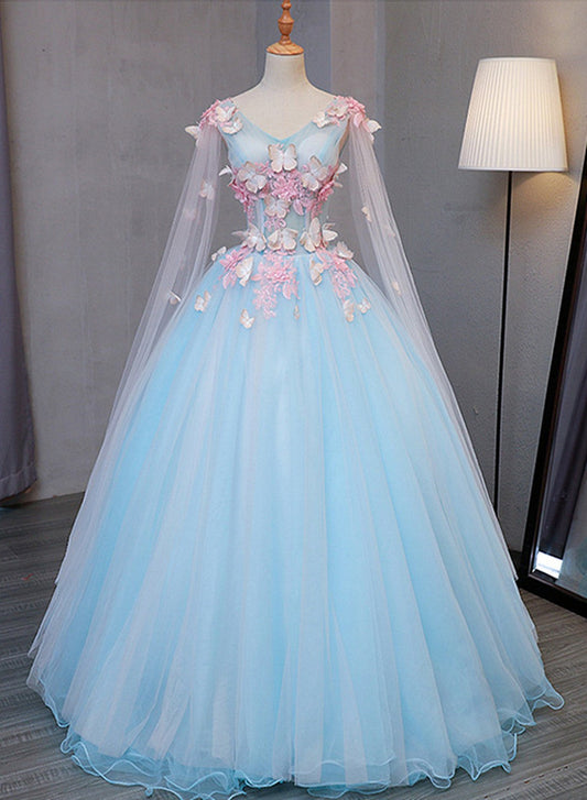 Cute Blue Fairy Butterfly Lace Ball Gown Prom Dress, Sweet 16 Party Dress