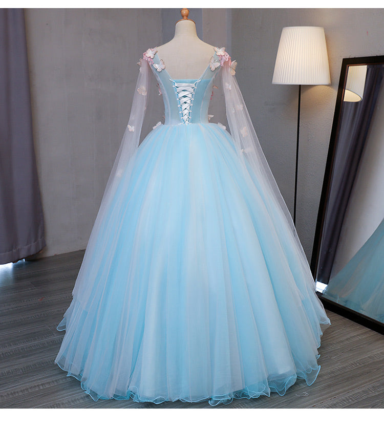 Cute Blue Fairy Butterfly Lace Ball Gown Prom Dress, Sweet 16 Party Dress