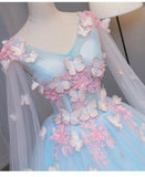 Cute Blue Fairy Butterfly Lace Ball Gown Prom Dress, Sweet 16 Party Dress