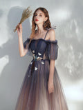 Gradient Purple Tulle Off Shoulder with Butterflies, A-line Simple Junior Prom Dress