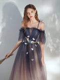 Gradient Purple Tulle Off Shoulder with Butterflies, A-line Simple Junior Prom Dress