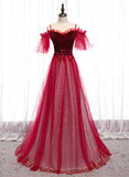 Dark Red Velvet and Tulle Party Dress, A-line Tulle Floor Length Wedding Party Dress