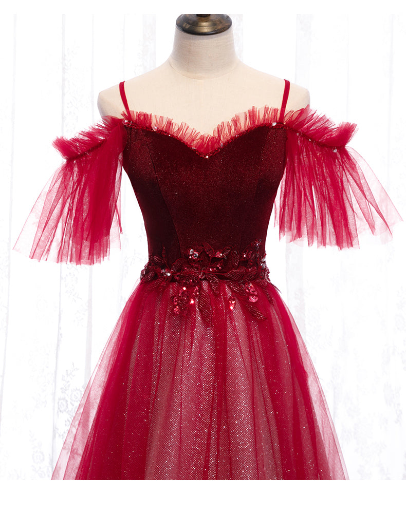 Dark Red Velvet and Tulle Party Dress, A-line Tulle Floor Length Wedding Party Dress