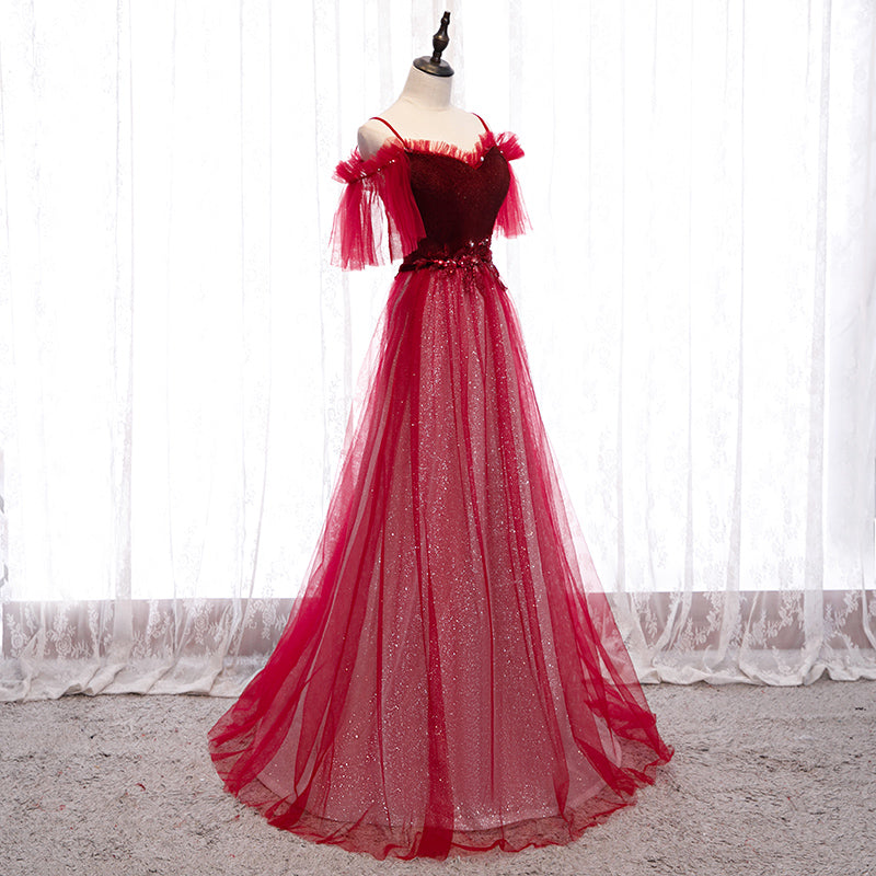 Dark Red Velvet and Tulle Party Dress, A-line Tulle Floor Length Wedding Party Dress