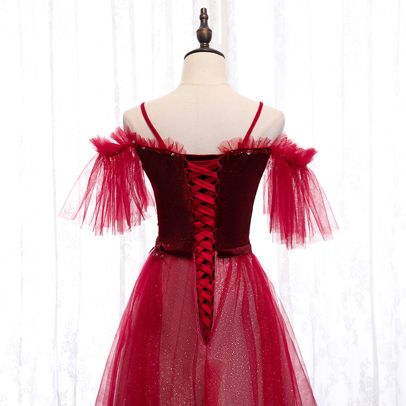 Dark Red Velvet and Tulle Party Dress, A-line Tulle Floor Length Wedding Party Dress